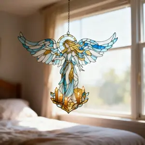 Stained Glass Angel Suncatcher with Candles, Religious Hanging Decor