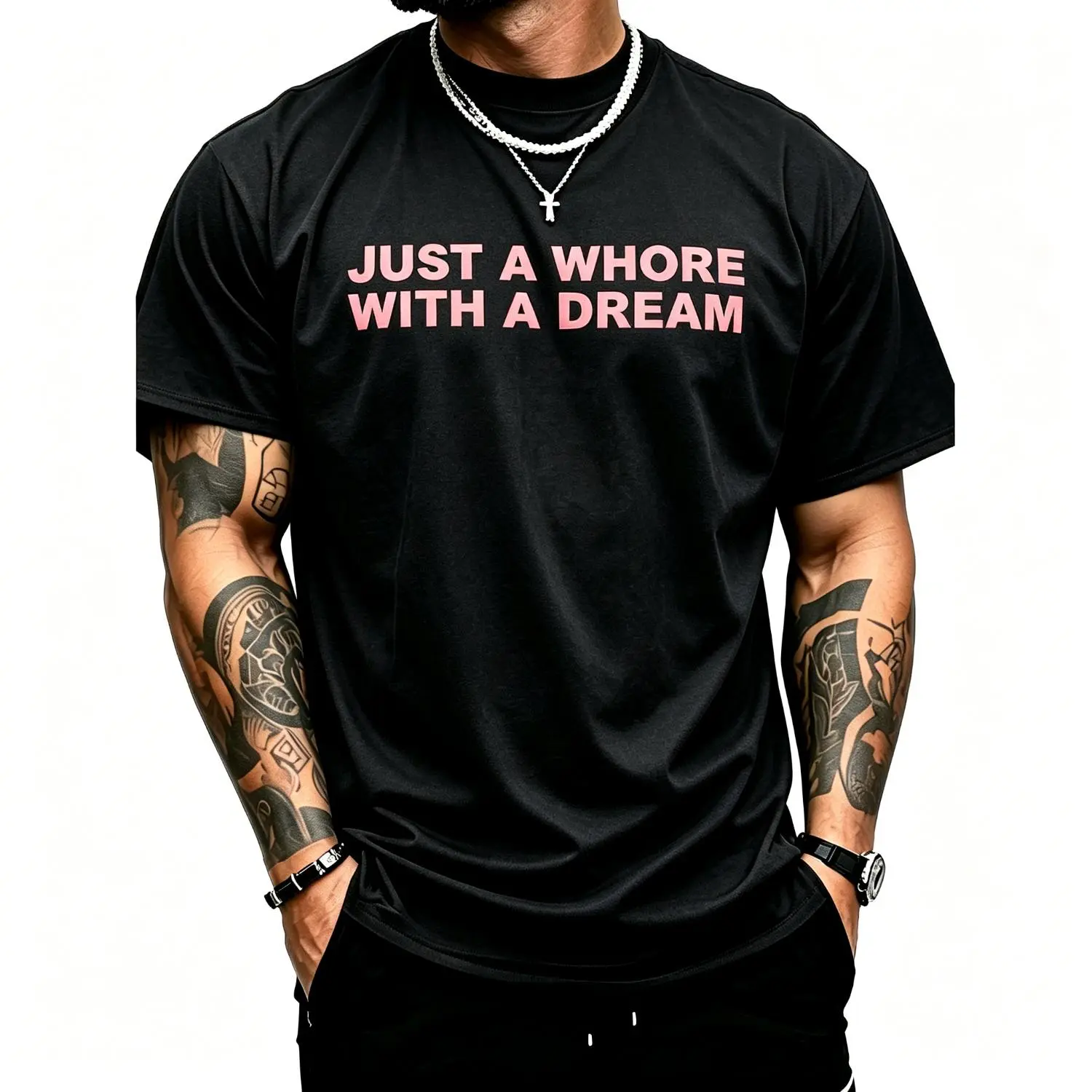 Women's Classic Crew Neck Washed Cotton T-shirt, Breathable All-Seasons Top with Humorous Sarcastic "Just A Whore With A Dream" Graphic Text Badge, Breathable Cotton, Funny Sarcastic Slogan