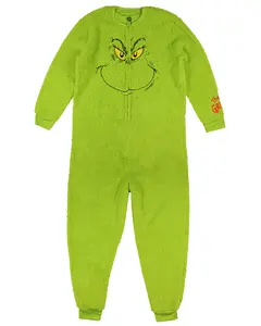 Dr Seuss The Grinch Union Suit Adult Embroidered Face Plush Full-Zip Pajama Costume