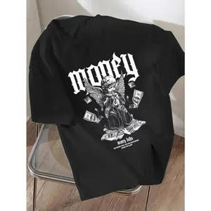 Monawear Boys' Graphic T-Shirt - Soft, Lightweight & Comfortable Casual Tee with Angel & Money Design, "Money" Print, and "Money Talks" Slogan, Black with White Lettering, Perfect for Summer, Loose Fit, Boys T Shirts, Playful Kids Clothing,