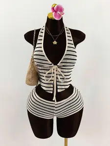 INAWLY Boho Vacation Summer Outfits For Women Vacation Outfits  2pcs Set Plunging Neck Tie Front Very Low Waist Striped Mini Shorts Island Vacation Outfits