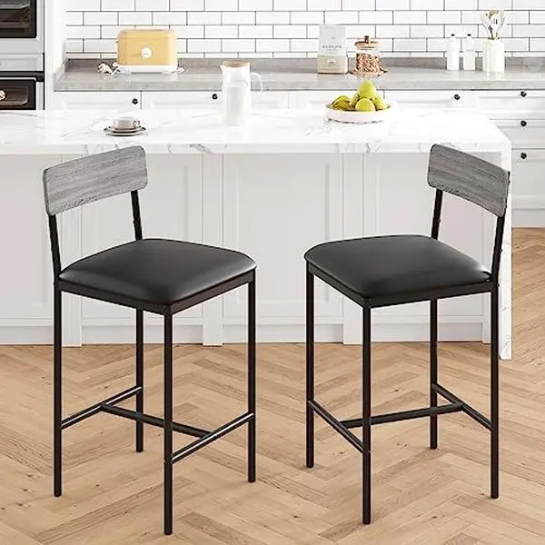 GARVEE Set of 2 bar stools, bar chairs with backrest and footrest, retro bar stools with footrest, bistro stools 64cm high, kitchen stools, easy assembly, industrial design for bistro, kitchen, dining room, grey