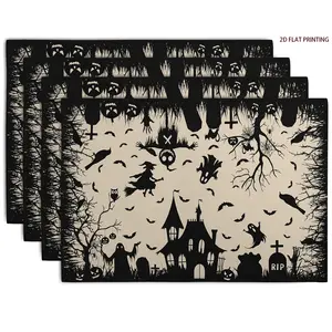 2D flat printing, 2-piece/4-piece/6-piece/8-piece set Halloween meal mat, black and white witch castle ghost meal mat, ghost ghost house bat tree crow table mat suitable for party kitchen dining, outdoor indoor decoration