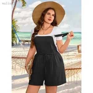 Women's Plus Size Sleeveless Strappy Basic Short Overalls - 2026 Drawstring High Waist Casual Romper with Pockets, Minimalist Design