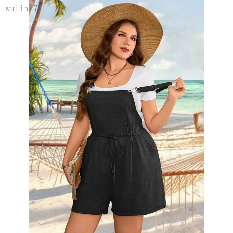 Women's Plus Size Sleeveless Strappy Basic Short Overalls - 2026 Drawstring High Waist Casual Romper with Pockets, Minimalist Design, High Waist Jumpsuit, Strappy Overalls Shorts, Non-Button Overalls Shorts