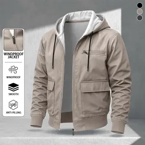 Men's lightweight knit zip-up hoodie, solid color casual jacket, pill-resistant soft coat, suitable for men's spring and autumn everyday wear and travel Long Sleeve Sweatshirts Beige