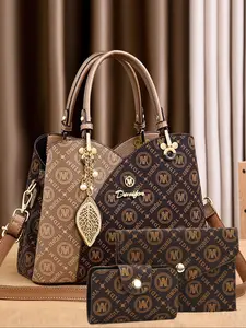 Women's Fashionable Geometric Pattern Handbag & Clutches & Wallet, Casual Versatile Shoulder Bag Set for Daily Used
