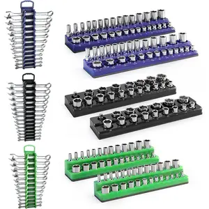 9 count  Socket Organizer &  Wrench Organizer Set, 3 Colors Socket Tray, 1/4" 3/8" 1/2" Drive Metric SAE, Socket Holder and Wrench Holder for Tool Box Drawer(Socket Wrench not Included)