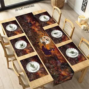 2D flat printing, 1 piece/4 piece/5 piece set/7 piece set, Halloween witch tablecloth and placemat set, flying witch, pumpkin lantern, full moon design, ghost Halloween kitchen dining table decoration, linen fabric, washable