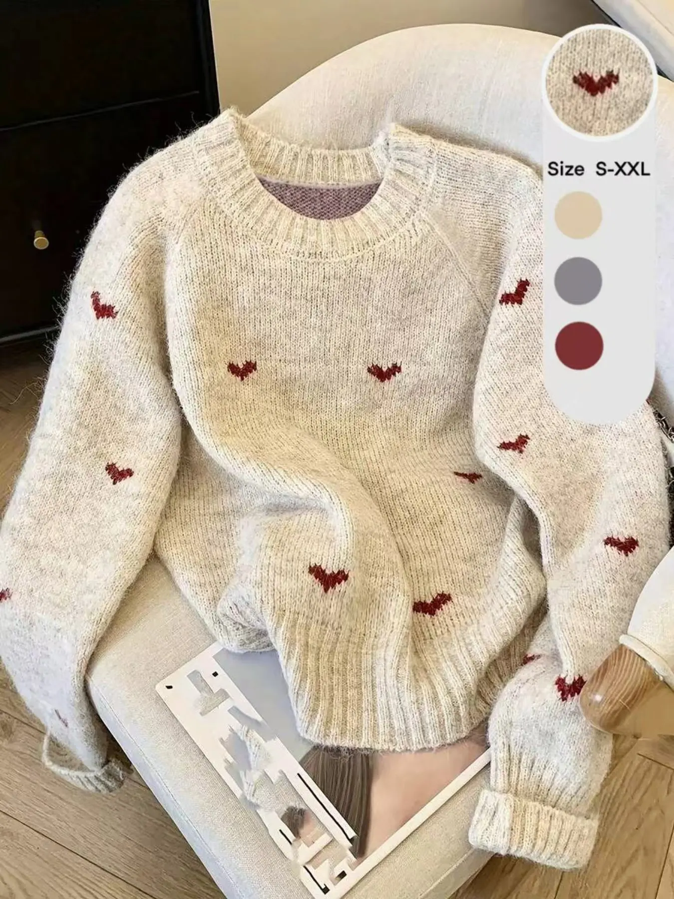 Women's Casual Round Neck Knit Sweater, Heart Pattern Long Sleeve Pullover, Loose Fit Baggy Oversized Fall Winter Chic Fashion Top, Daily Wear Knitwear, Knitting