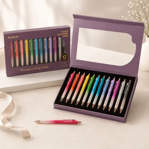 Shuttle Art 12-Pack Assorted Colors Fancy Retractable Ball Point Pens, 1.0mm Medium Point Waterproof Black Ink, Metal Clip, Gold-Tone Details, Aesthetic Pens & Refills, Writing Stationery for Office & School Use