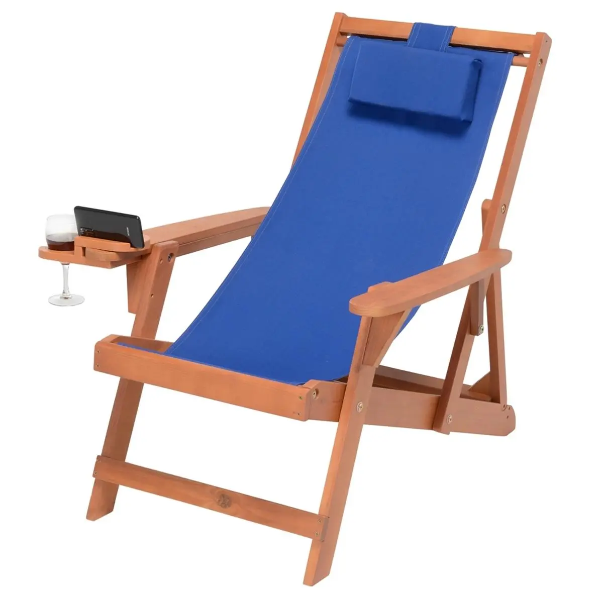 W Unlimited 2117WN-BL Romantic Collection Foldable Wood Outdoor Canvas Sling Chair - Walnut Frame, Blue Cushion, Adjustable Padded Headrest & Back, Extra Wide Armrests, Cup & Wine Holder, Assembly Required, Ideal for Beach, Backyard