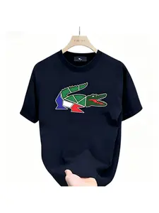 Fashion TrendsIrregular Graphic Crocodile Tshirt, Cartoon Crocodile Design, Unisex, Men's Short Sleeve Round Neck Street Style Tshirt for Summer and Spring, Casual, Clothing, Couple Style, Fashionable Loose, Youthful and Energetic, Men's Daily Wear Tops u