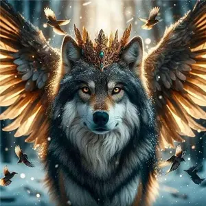 5D DIY Full Drill Round Diamond Painting - Diamond Art Kit Crowned Wolf Mosaic, Canvas - DIY Decorative Painting, Home Wall Decor, Perfect for Halloween and Christmas, Independence Day, Birthday and Anniversary Gifts