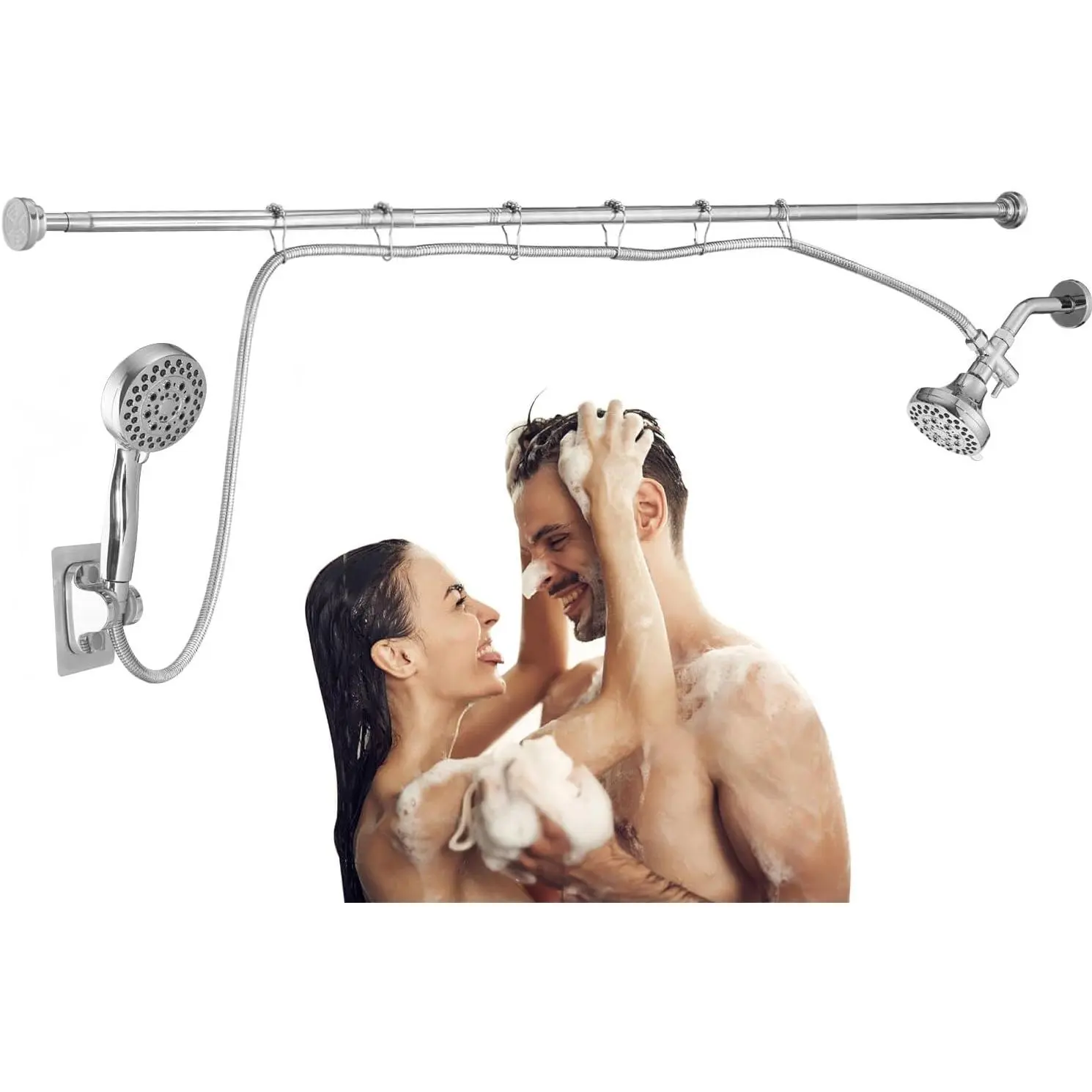 Double Shower Head for Couple, Valentine's Day High Pressure Dual Showerhead, Adjustable Height Shower Rod, 5-Setting Handheld Shower Head, Chrome