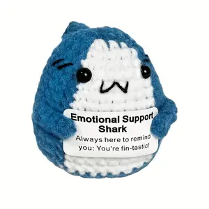 Emotional Support Crochet Shark Plush Toy, Handmade Soft Fabric Stuffed Animal with "Always Here to Remind You: You're Fin-tastic!" Label, Blue & White, Keychain Accessory for All Seasons, Party Favors & Home Decor