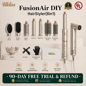 UKLISS FusionAir DIY HairStyler Airstyler Champagne Gold 90-Day Free Trial & Refund 2 Year Warranty 110000RPM HairCurler + HairStraightener + HairDryer + HotAirBrush + LowTemperatureHairCare + NegativeIons + BlowoutBoost + HairDiffuser + Fluffier
