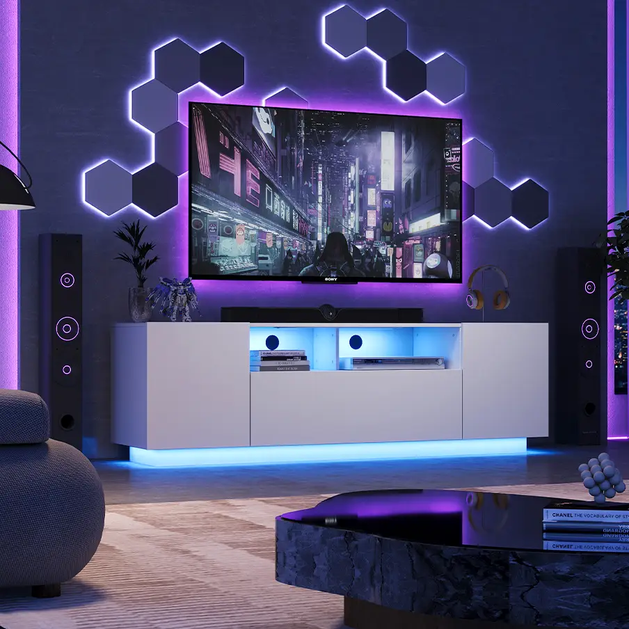 WLIVE TV Stand for 65 Inch TV, 58“ Entertainment Center with LED, Modern TV Consoles with Storage Cabinets, TV Stands for Living Room