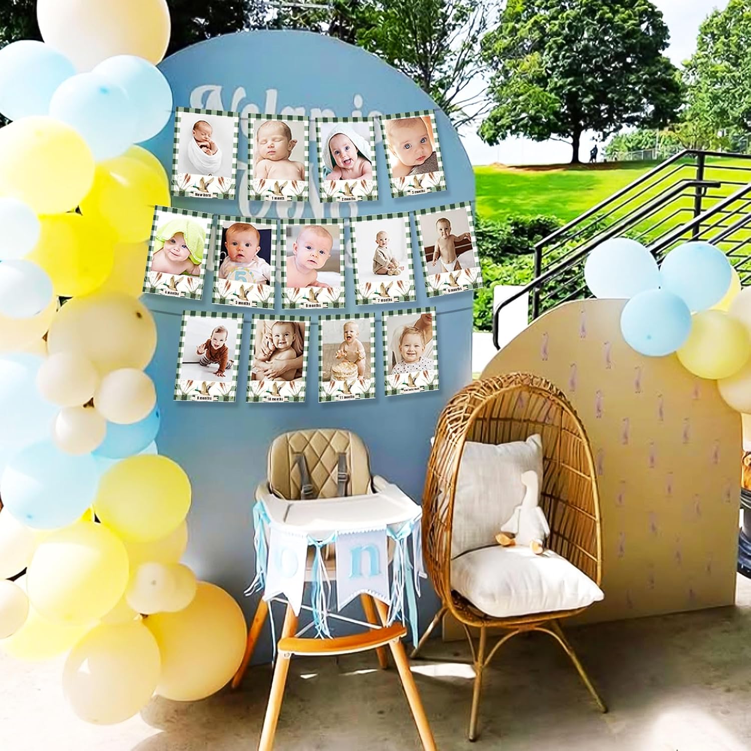 LaVenty One Lucky Duck Photo Banner Mallard Duck 1st Birthday for Baby Shower from Newborn to 12 Months Lucky Duck Theme Boy First Birthday Banner Decorations Party Supplies