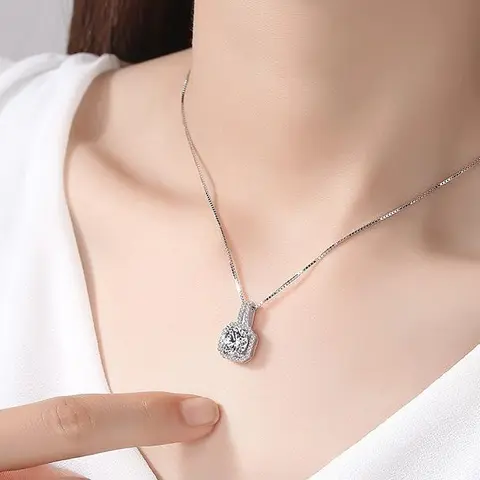 Women's 1.5g Elegant Luxury Square Moissanite Necklace - Chain & Link Jewelry Pendant, 6.5mm Round Cubic Zirconia Accent, Casual Accessory, Birthday Christmas Gift