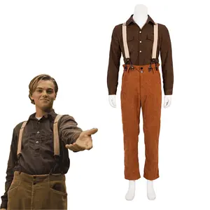 Movie Titanic Cosplay Jack Dawson Costume Men's Shirt Overalls Pants Set Halloween Carnival Casual Stage Outfit Clothes Menswear Beige Plain Classic Distressed Matching