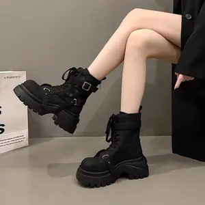 Women's Chunky Platform Winter Boots with Back Zipper & Round Toe - Synthetic Cover/Nylon Mesh Upper, TPR Sole, Lace-Up Closure, Warm Round-Toe Design for Casual & Semi-Formal Outfits - Brown Ankle Boots, Long Boots for Women, Flat Chunky Lace Up Boots, F