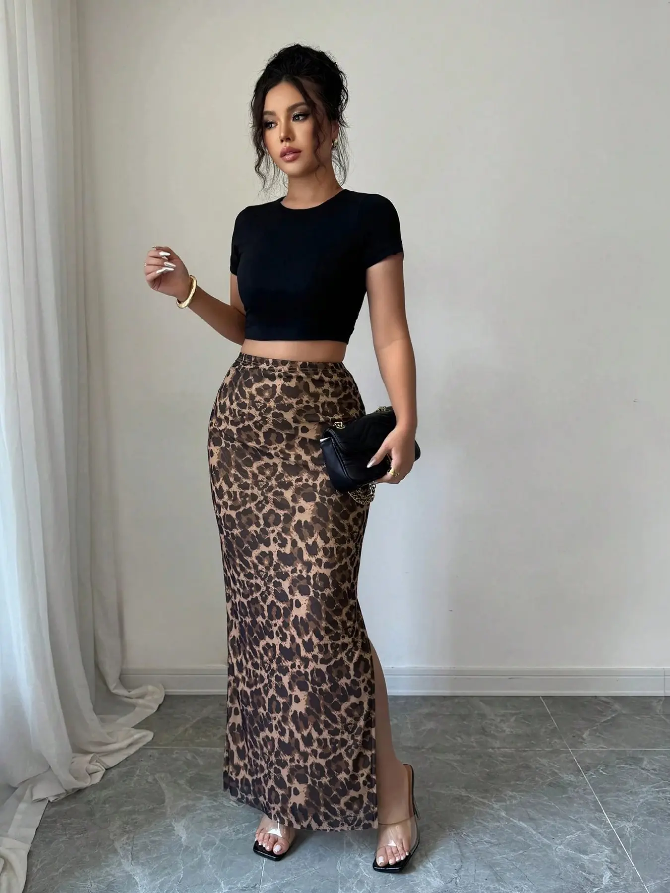 Women's Y2K Streetwear Chic Trend Matching Two-Piece Set, Leopard Long Skirt & Short Top, Slim-Fit Summer Party Night Outfit