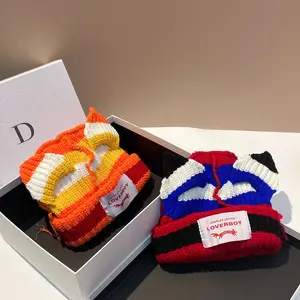 Loverboy Big Head Circumference Color Matching Knitted Woolen Cap Internet Celebrity Pig Pig Cat Ears Knitted Hat Cute Contrast Color Patch Beanie Hat