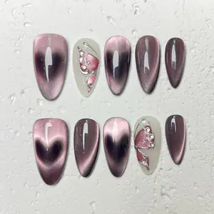 [Twilight Butterfly] Medium Almond Acrylic Handmade Press on Nails, Fake Nails with Nail tool kit with Jelly Stickers, Reusable, Durable