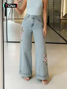 Women's New Elastic Embroidered Floral Handmade Creative Jeans, Trendy Fashion Versatile Denim Jeans, Fitted All Seasons Casual Wear