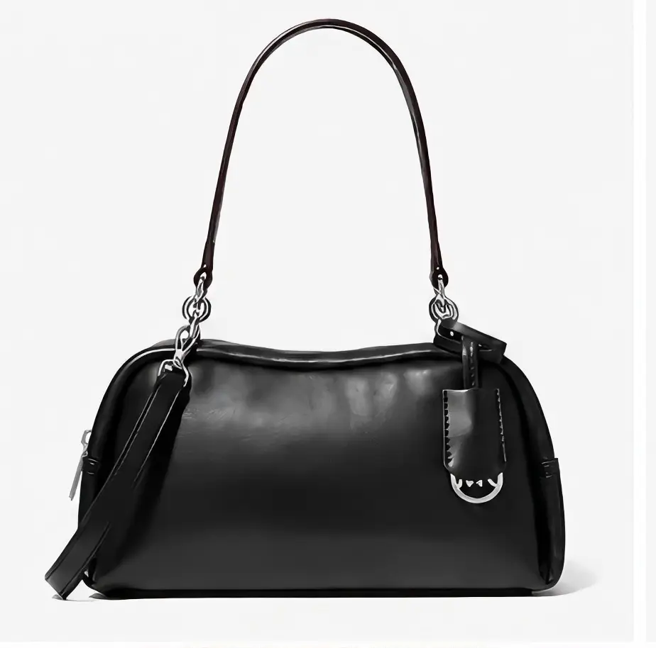 Elegant Black Leather Handbag with Adjustable Strap and Silver Hardware for Women