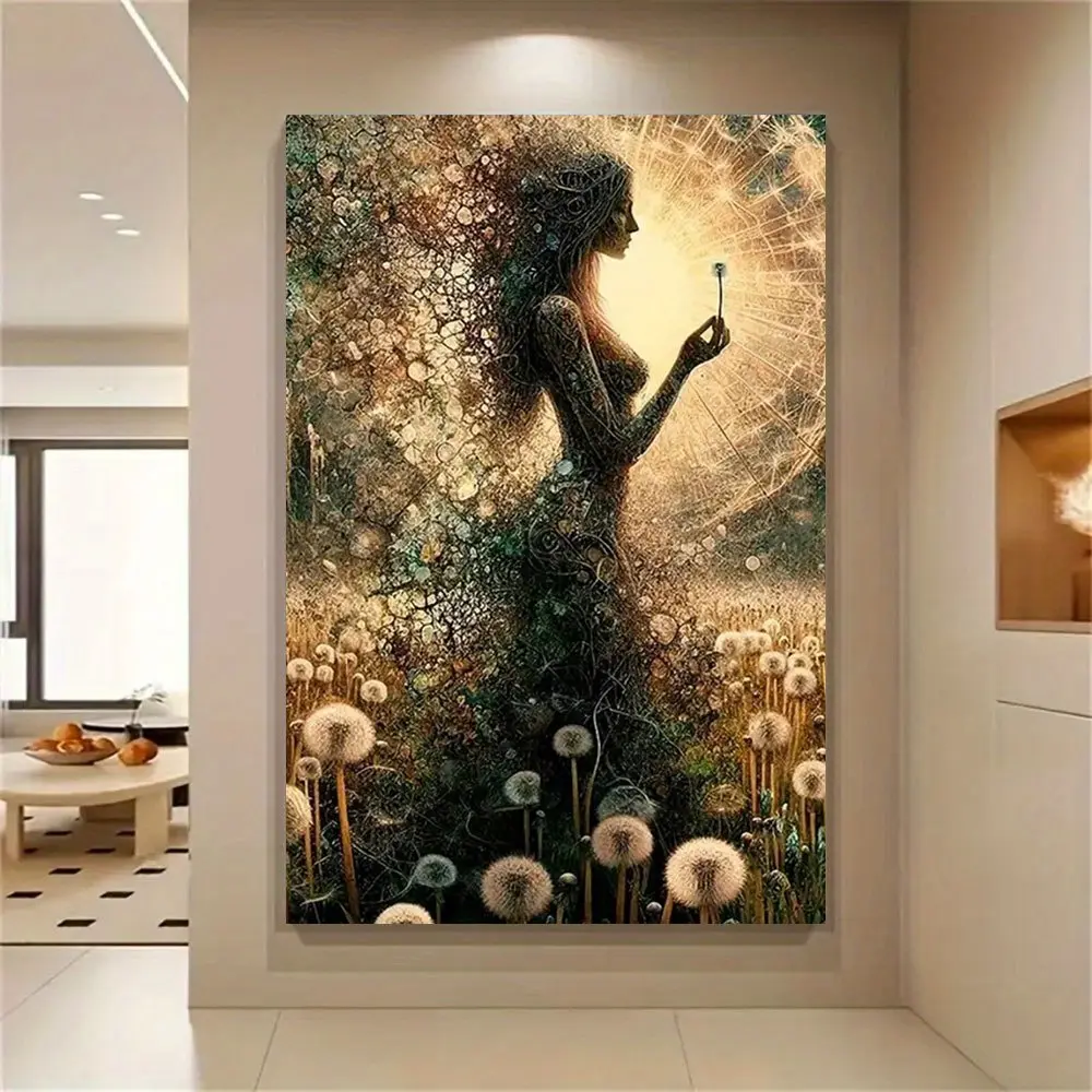 Framed Dandelion and Forest Cartoon Art-Themed Wall Print - Modern Pine Wood Wrapped Framed Painting, Indoor Home Decor for Living Room, Art-Themed Wall Arts