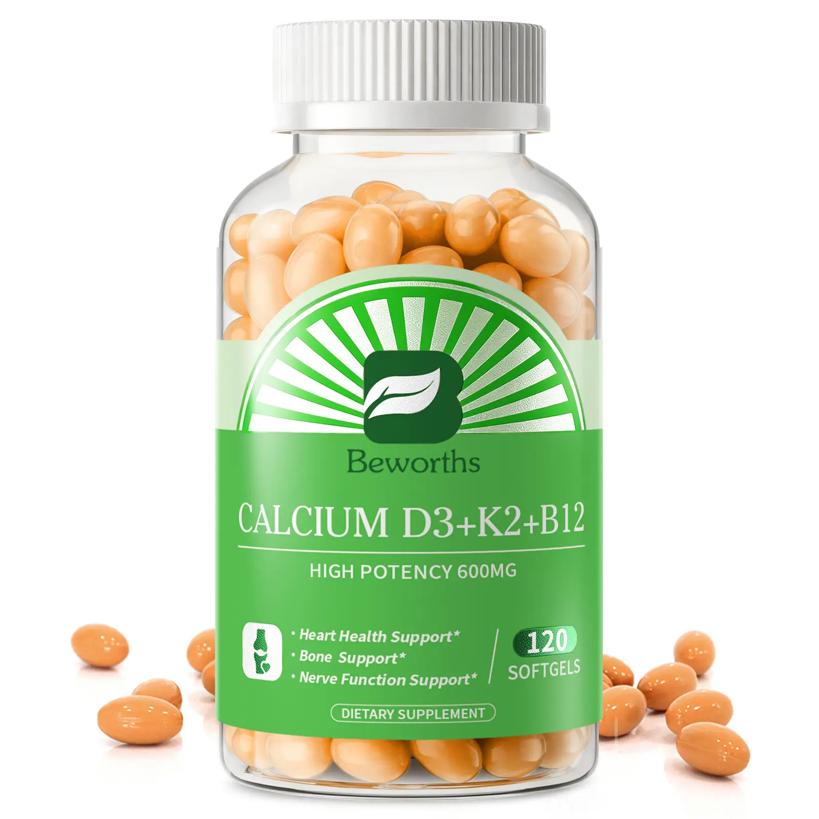 Beworths 4-in-1 Calcium 600Mg with Vitamin D3 K2 B12 Capsules for Bone Strength, Heart Health & Immune Support, 120 Capsules for Men and Women