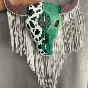 Boho Chic Fringe Cow Skull freshie- teal pink cow print - Sparkling Glitter Accents - Unique Western Style