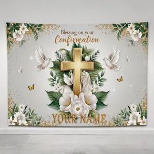 Nylon Personalized Golden Cross Backdrop with White Flowers, Doves, Butterflies – 90x60in Customizable Home Decor for Festival, Birthday Celebrations, Indoor & Outdoor Use
