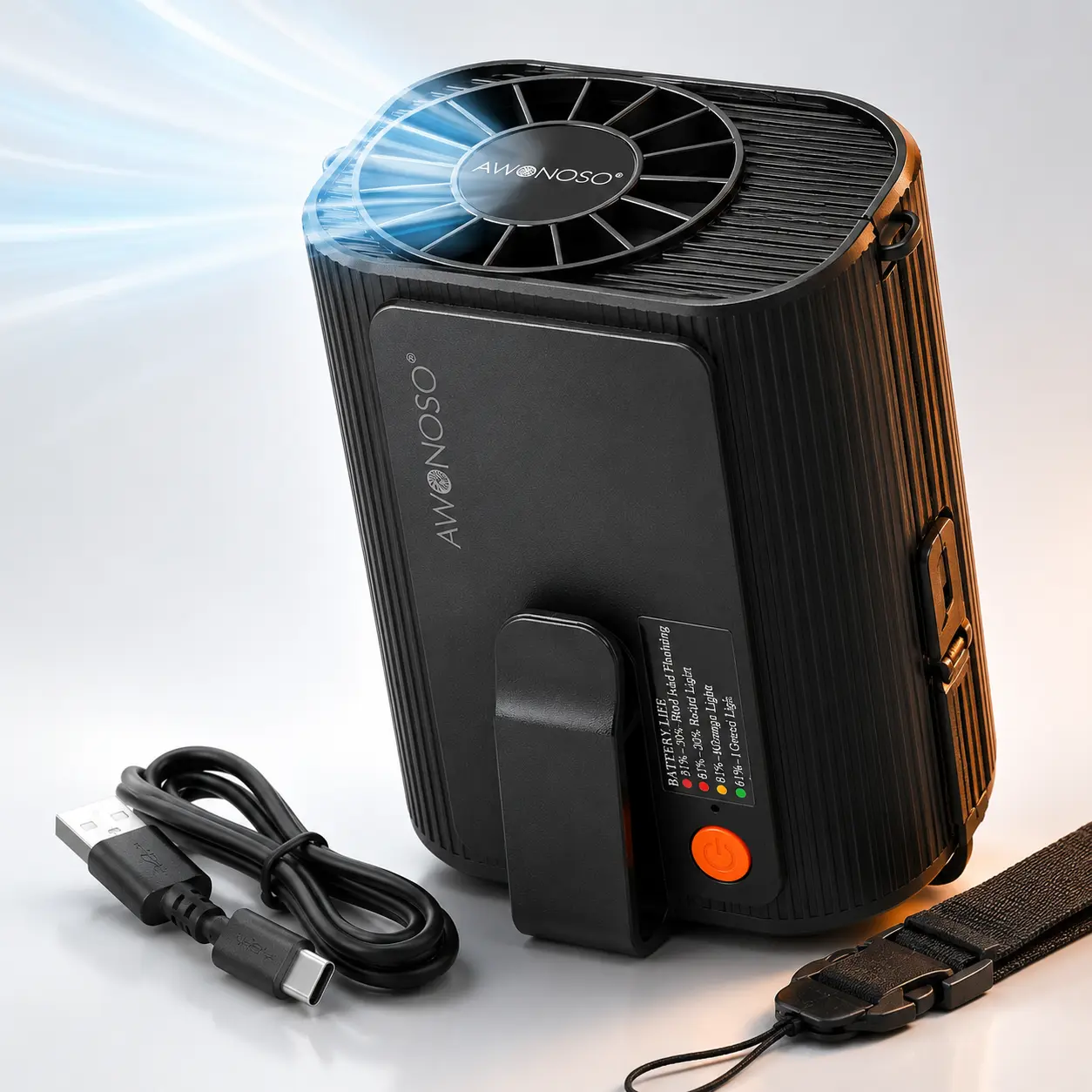 WF025 Rechargeable Personal Fan, 10000mAh Battery, 3-Speed Waist Clip and Hanging Fan with USB-C 5V/1A Charging and Battery Indicator