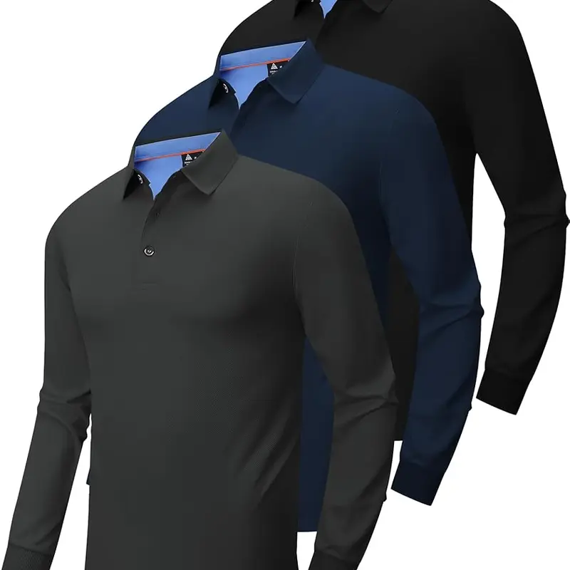 Men's 3-Pack Long Sleeve Button-Down Solid Color Polo Shirts - Moisture-Wicking, Quick-Dry OOTD Tops for Sports, Work - Turn-Down Collar Father's Day Gift Shirts