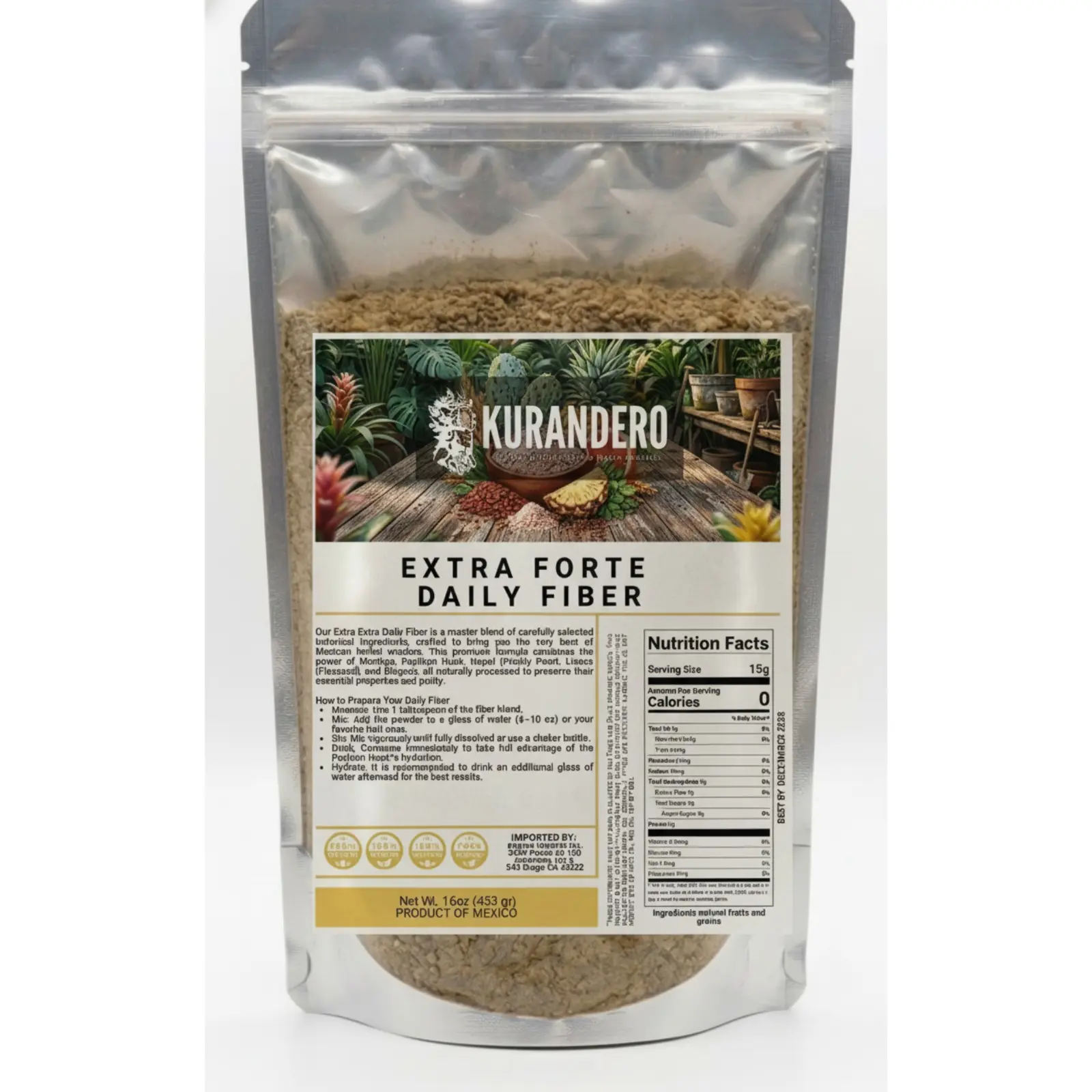 KURANDERO Extra Forte Daily Fiber - Natural Digestive Support with Nopal Moringa & Psyllium Husk - Vegan Sugar-Free Gut Health Powder 16oz Mexican Herbal Wisdom - Healthcare