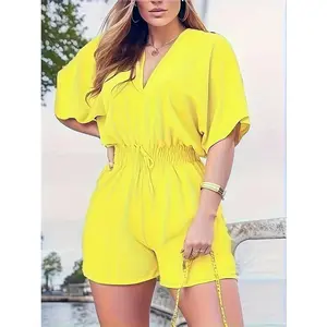 2026 New Women's Simple V-Neck Short Sleeve Waist Jumpsuit