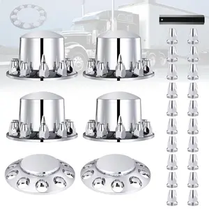 Chrome 33mm Axle Cover 2 Front & 4 Rear Complete Set w/ Thread on Lug Nut Covers for Semi Trucks