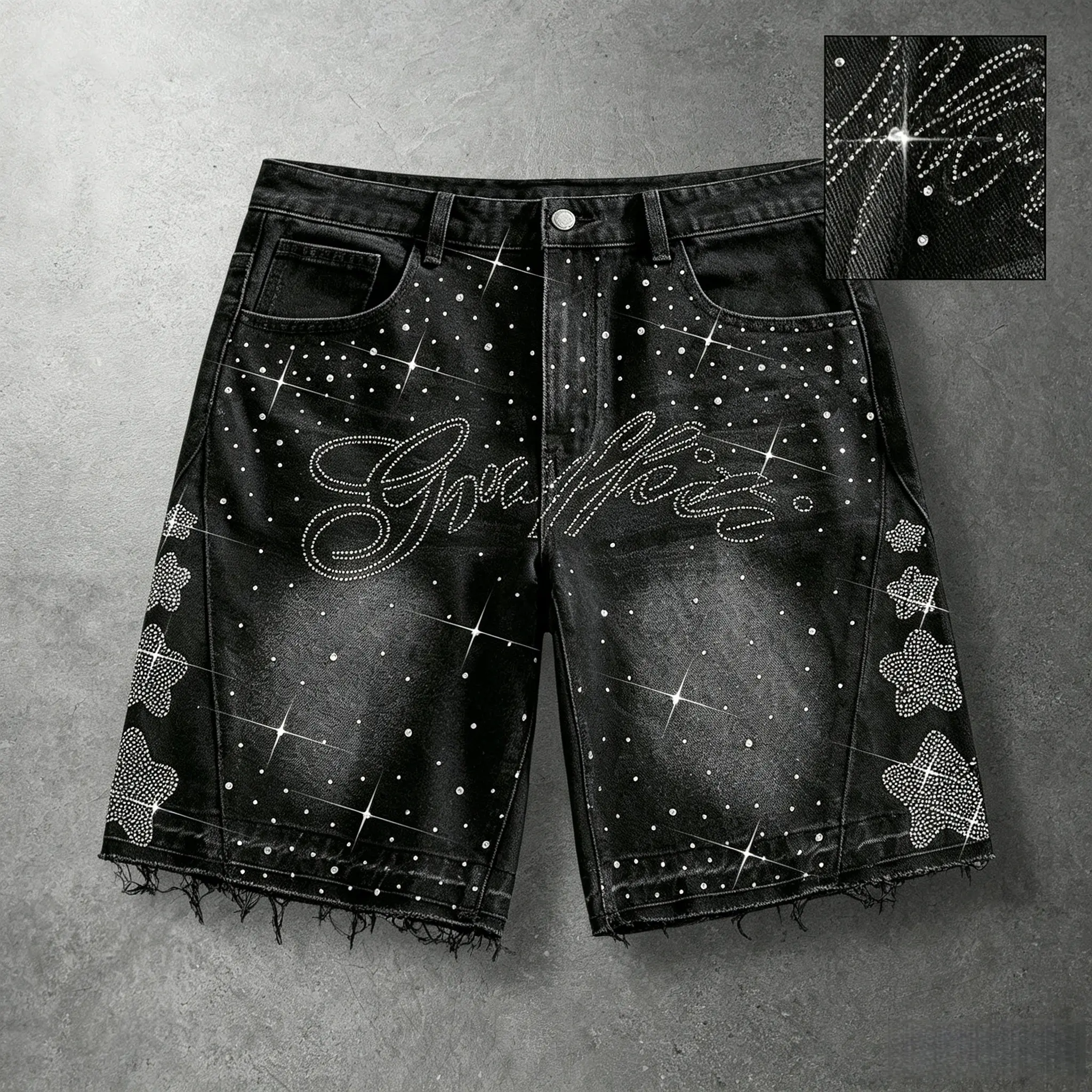 Men’s European/American street-style denim shorts featuring a unique rhinestone design; fashionable hip-hop style with high cotton quality for comfortable wear and a close fit—perfect for casual streetwear and outdoor activities.