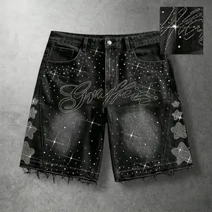 Men’s European/American street-style denim shorts featuring a unique rhinestone design; fashionable hip-hop style with high cotton quality for comfortable wear and a close fit—perfect for casual streetwear and outdoor activities.