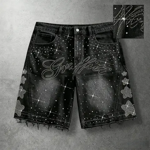 Men's High-Cotton Rayon Woven Denim Jean Shorts - Rhinestone Design, Close-Fit, Soft, Breathable, Fashionable, Comfortable Wear, Outdoor Casual Streetwear Hip-Hop Menswear Bottoms, Rhinestones