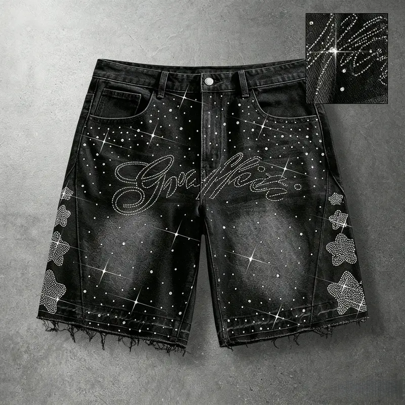 Men's High-Cotton Rayon Woven Denim Jean Shorts - Rhinestone Design, Close-Fit, Soft, Breathable, Fashionable, Comfortable Wear, Outdoor Casual Streetwear Hip-Hop Menswear Bottoms, Rhinestones