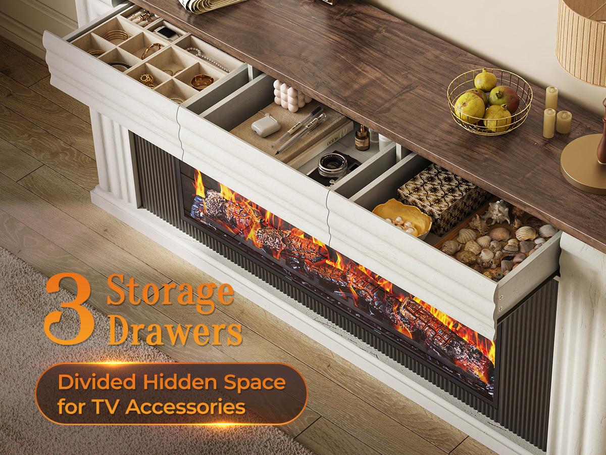 【2 Packages Shipping】PRAISUN 70'' Fireplace TV Stand with 42'' Electric Fireplace, Farmhouse TV Stand for 65 75 Inch TV, Entertainment Center TV Console with 3 Drawers, Fluted Design, for Living Room