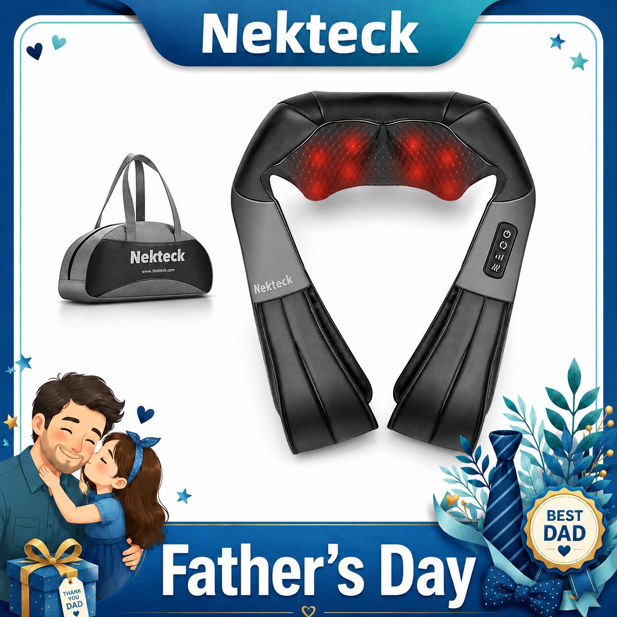 Nekteck Shiatsu Neck & Back Massager with Soothing Heat Electric Deep Tissue 3D Kneading Massage Pillow for Shoulder Leg Body Muscle Pain Relief 8 Soft Springy Massage Heads with Built-in Heating Function