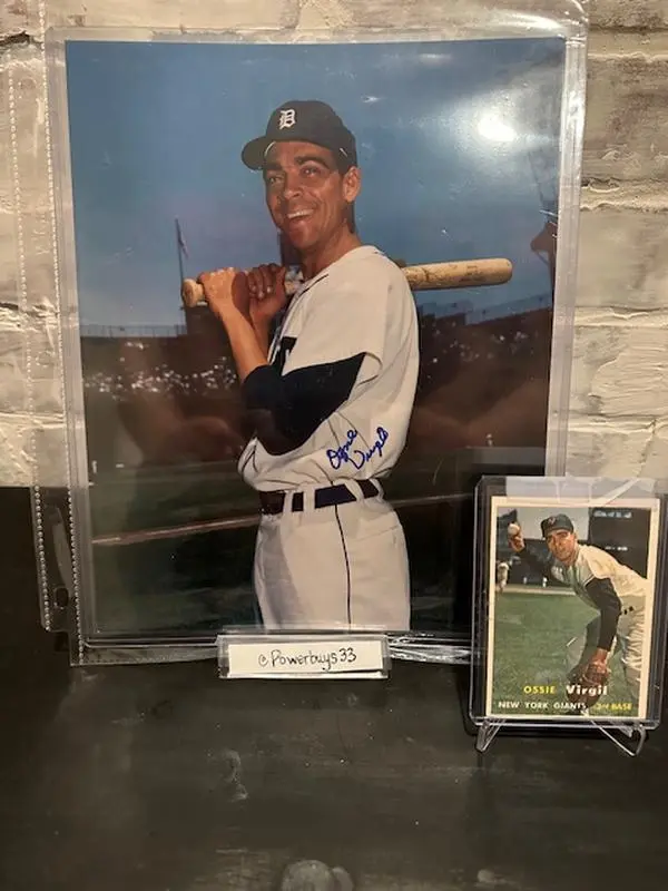 Ozzie Virgil Sr. 1st Dominican to play Baseball in the Major Leagues in 1956. Autographed photo w/ Rookie card.
