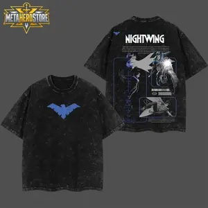 MetaHero Nightwing Dick Grayson Teen Titans T-Shirt Hoodie #3, Former Robin Blue Mask Hero Comic Edition Double Printed Oversize Acid Washed Cotton Graphic Top, TV Series Superhero Streetwear Apparel, Classic Soft Relaxed Fit Fan Gift