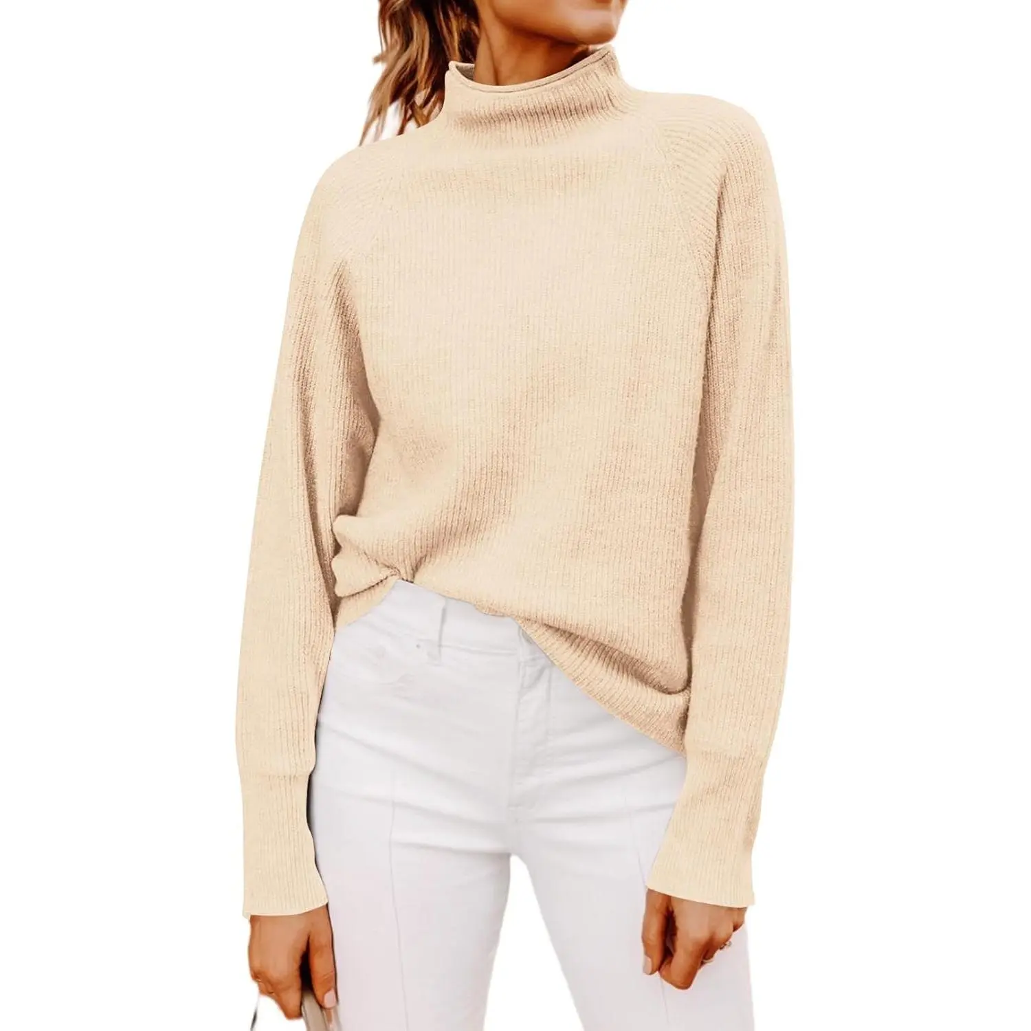 Yousify Womens Ribbed Mock Neck Batwing Sleeve Sweater Loose Knitted Pullover Sweaters Jumper Tops