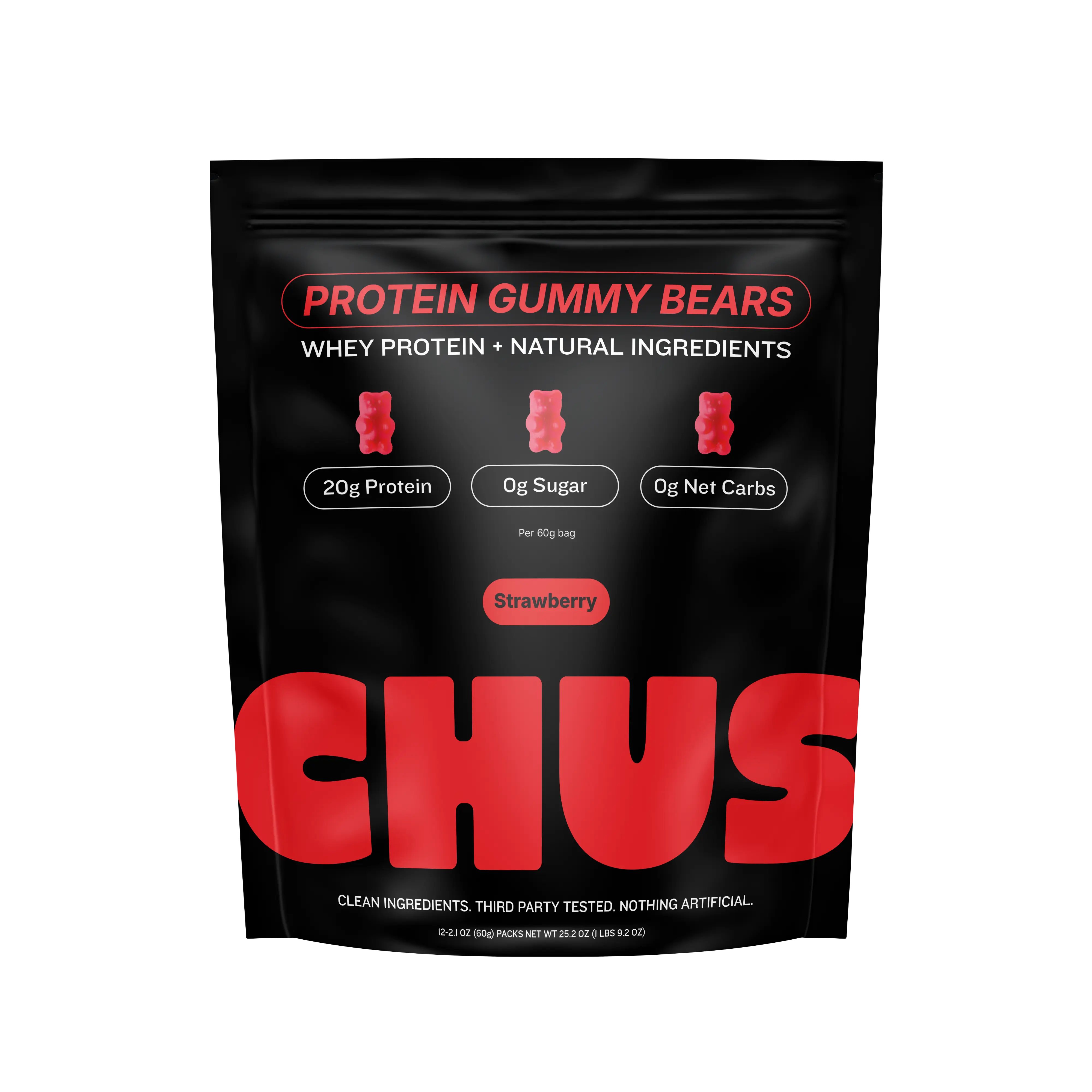 Chus Protein Gummy Bears | Strawberry 12-Pack | 20g of Protein per Pack